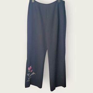 Vintage Y2K Black Flare Pants Floral Embroidery Size 14